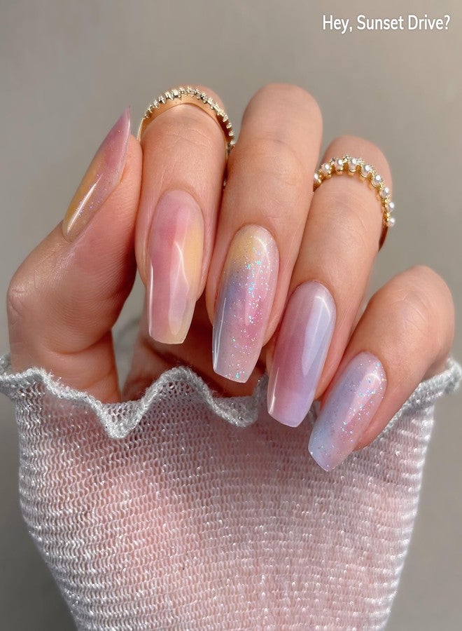 Heyhae Semi Cured Gel Nail Strips | No LED Lamp Needed | Marble, Pink, Spring | Easy Apply & Remove, Salon Quality | Includes 28 Strips, 1 Prep Pads, Nail File & Wooden Stick - Hey, Sunset Drive? - Image 3